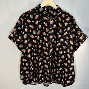 Madewell Corduroy Button Up Black Floral Flower Short Sleeve Top Shirt Blouse XL